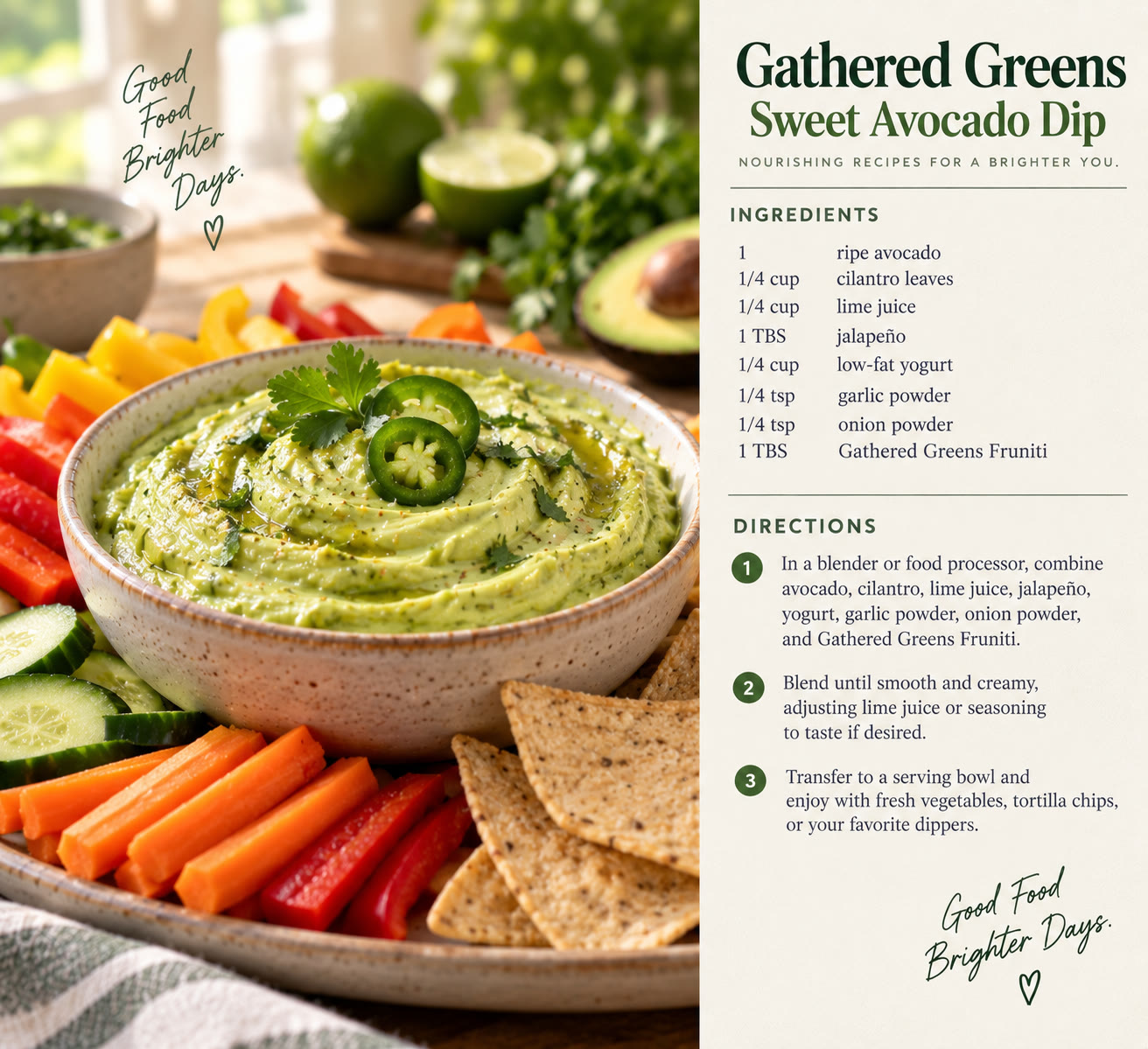 Gathered Greens Sweet Avocado Dip recipe card