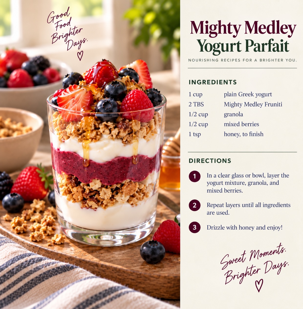 Mighty Medley Yogurt Parfait recipe card