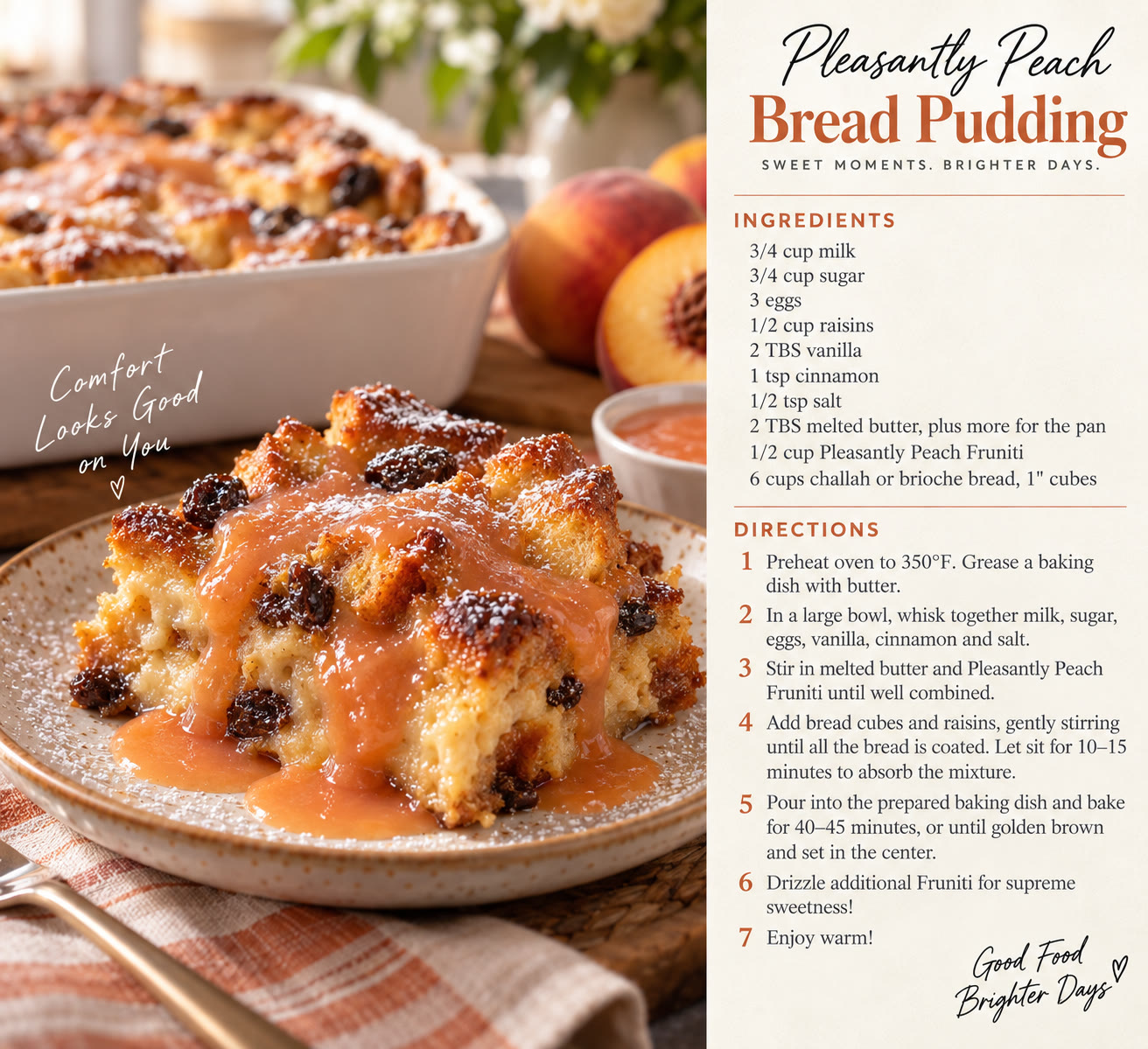 Pleasantly Peach Bread Pudding recipe card